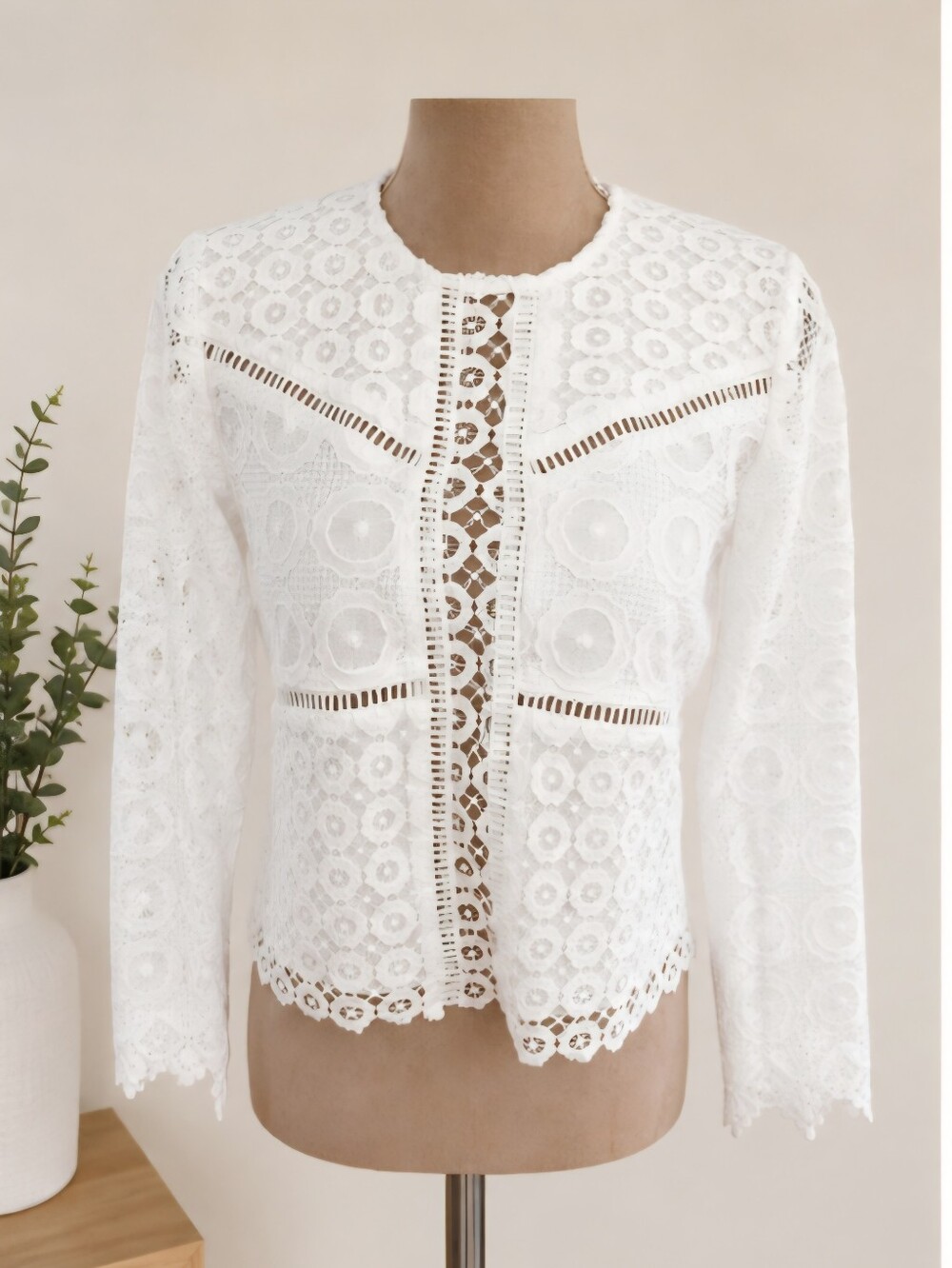 Lovers + Friends ~ Lace Crochet Sheer Long Sleeve Top – White, Size S